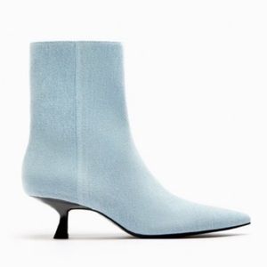 Zara Blue Denim Kitten Heel Pointed Toe Ankle Boots